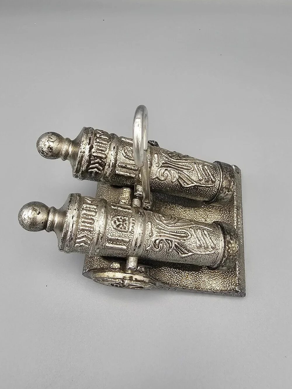 Vintage Metal Cannon Salt and Pepper Shakers with Holder